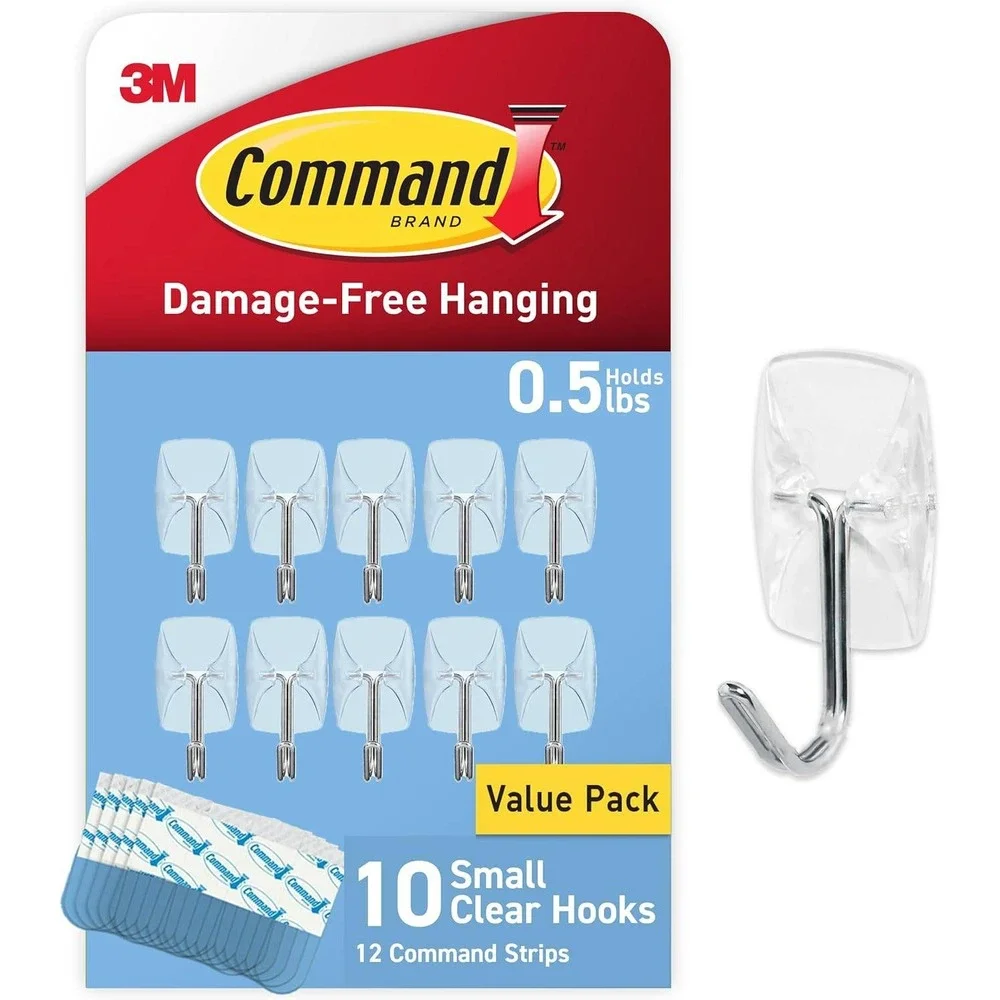 Set of 10 Command Small Clear Wire Toggle Hooks w/ 12 Strips Holds Up to 0.5‎ lb